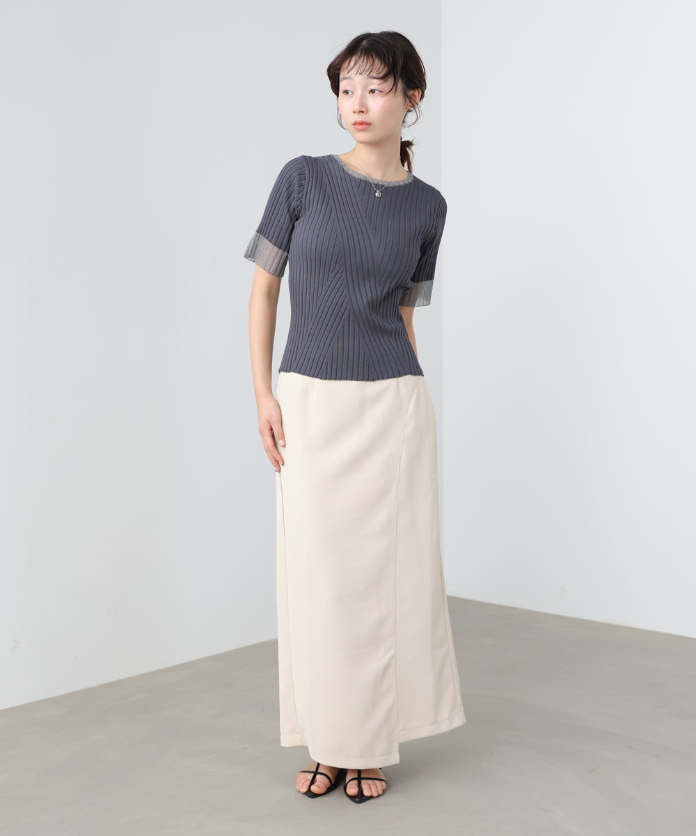 シアー使い5分袖リブニットトップス