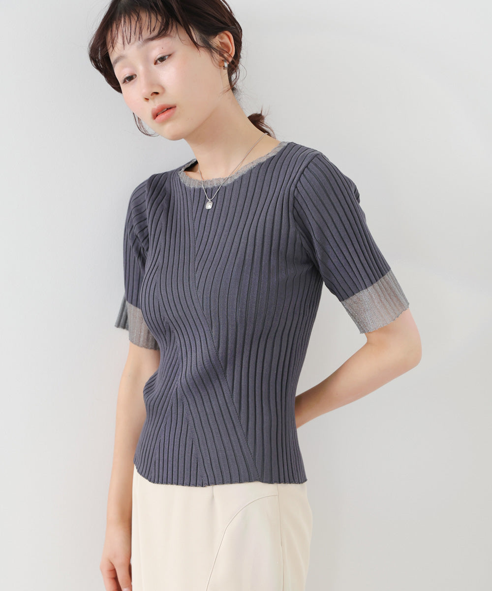 シアー使い5分袖リブニットトップス