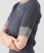 シアー使い5分袖リブニットトップス