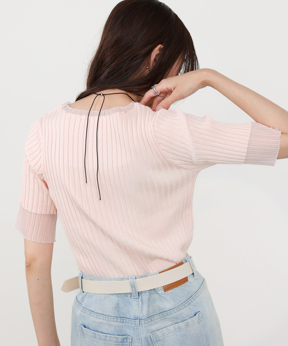 シアー使い5分袖リブニットトップス