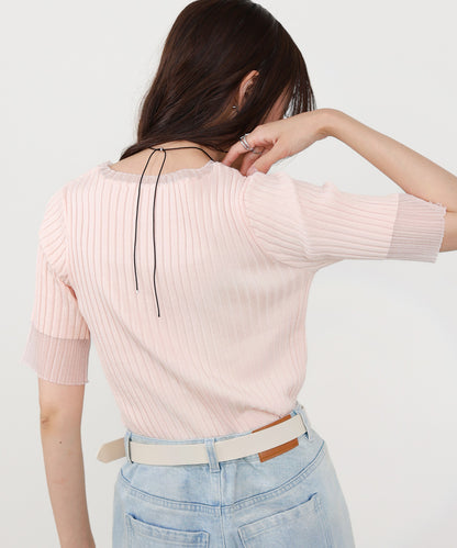 シアー使い5分袖リブニットトップス