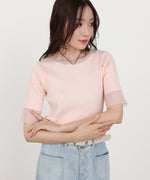 シアー使い5分袖リブニットトップス