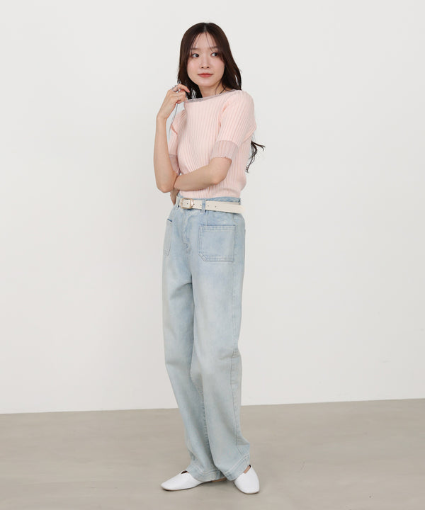 シアー使い5分袖リブニットトップス