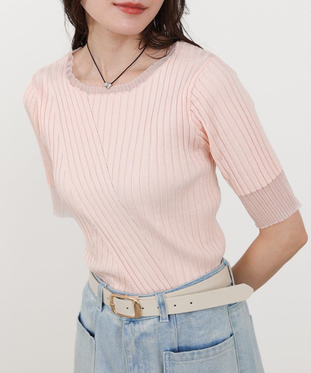 シアー使い5分袖リブニットトップス