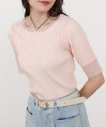 シアー使い5分袖リブニットトップス