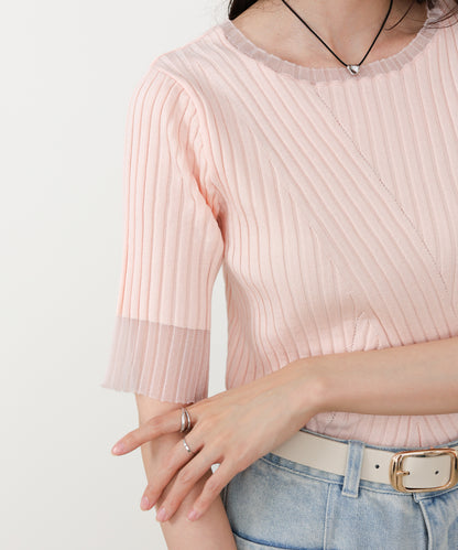 シアー使い5分袖リブニットトップス