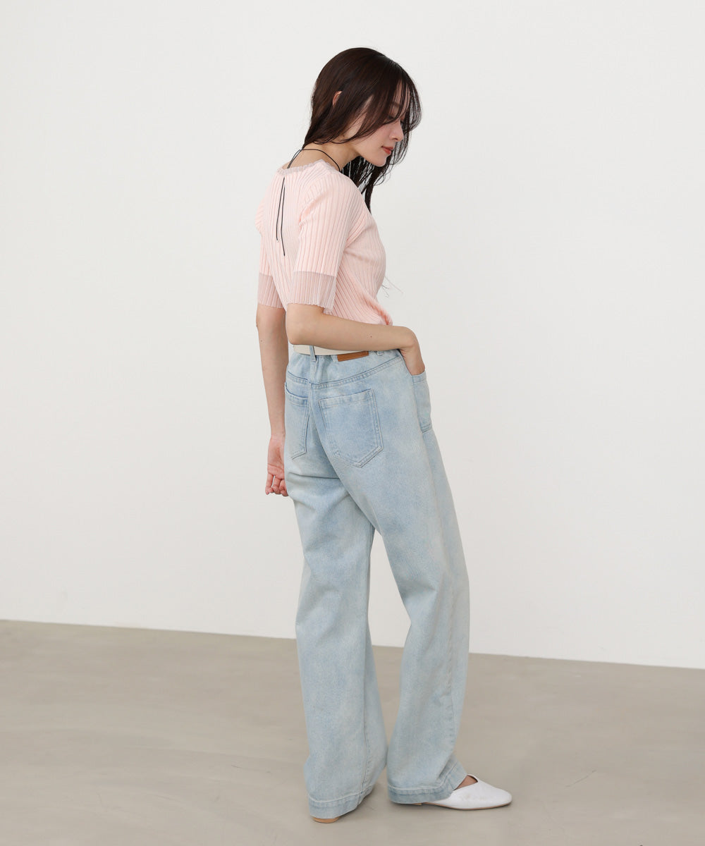 シアー使い5分袖リブニットトップス