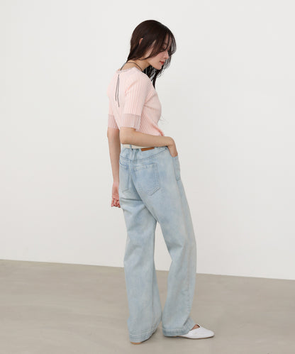 シアー使い5分袖リブニットトップス