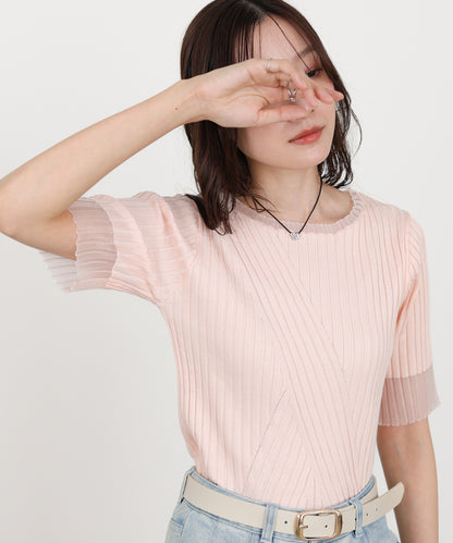 シアー使い5分袖リブニットトップス