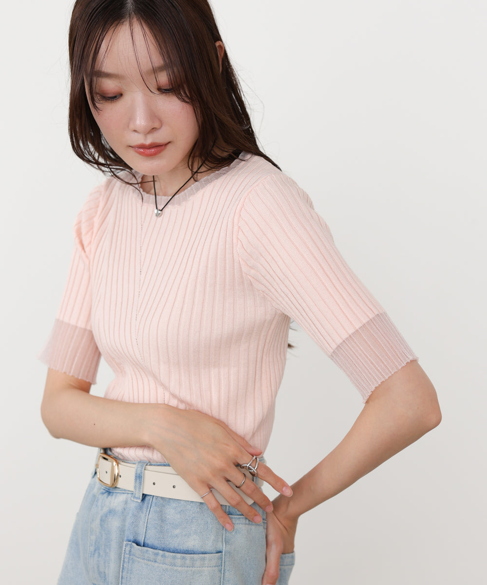 シアー使い5分袖リブニットトップス