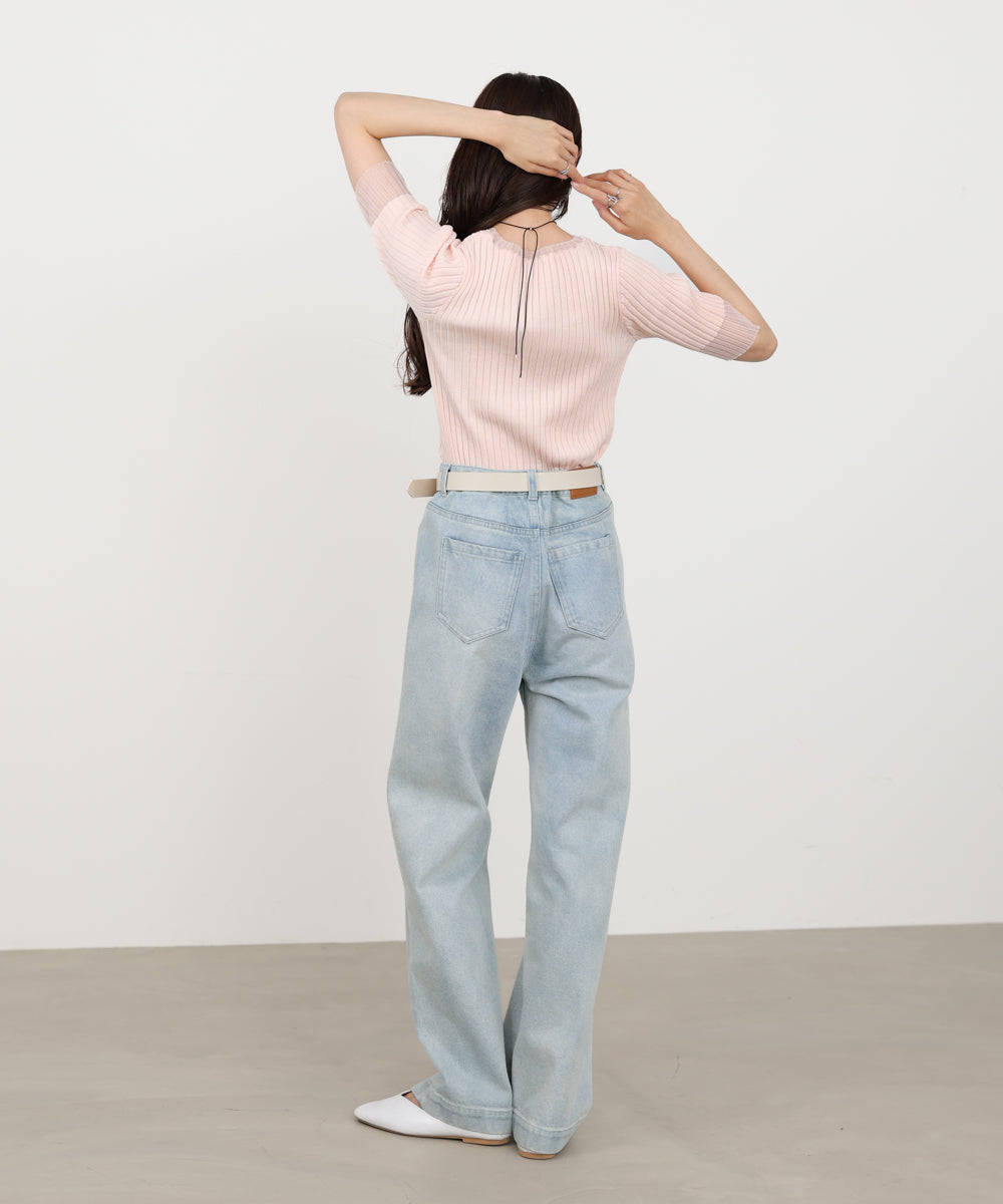 シアー使い5分袖リブニットトップス