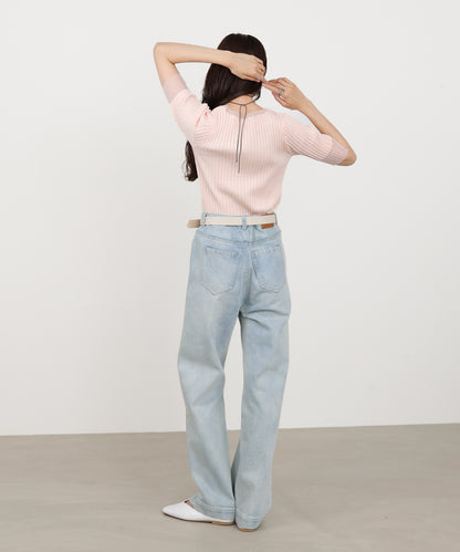 シアー使い5分袖リブニットトップス