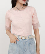 シアー使い5分袖リブニットトップス