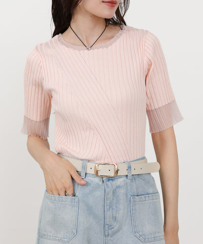 シアー使い5分袖リブニットトップス