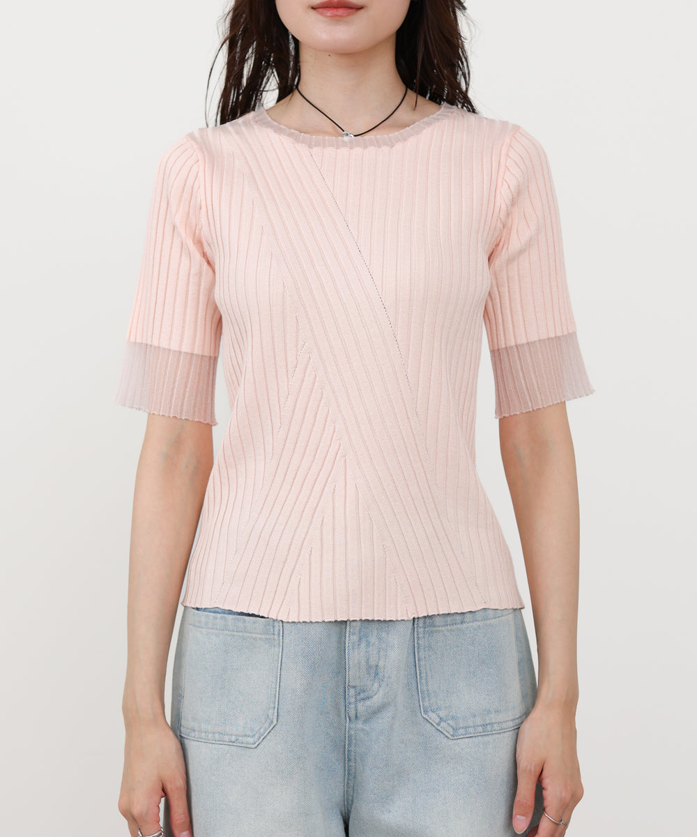 シアー使い5分袖リブニットトップス