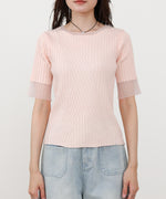 シアー使い5分袖リブニットトップス