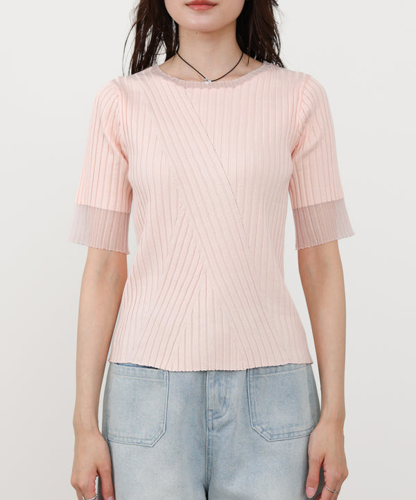 シアー使い5分袖リブニットトップス