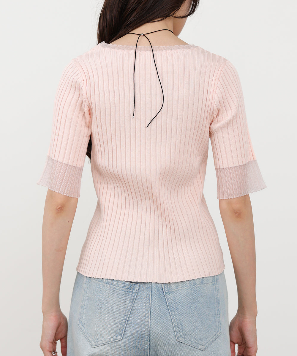 シアー使い5分袖リブニットトップス