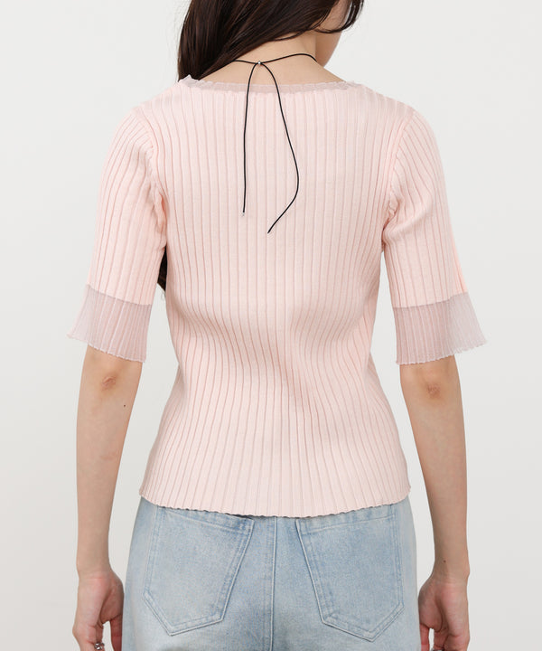 シアー使い5分袖リブニットトップス