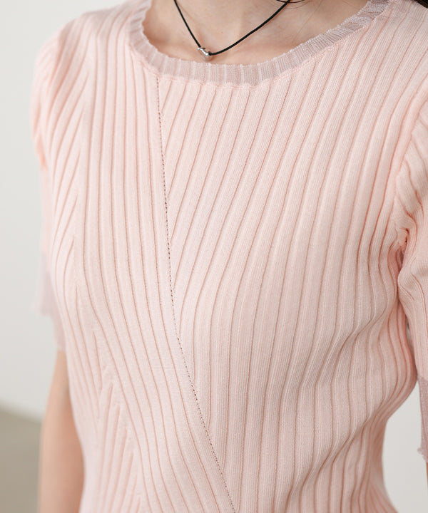 シアー使い5分袖リブニットトップス