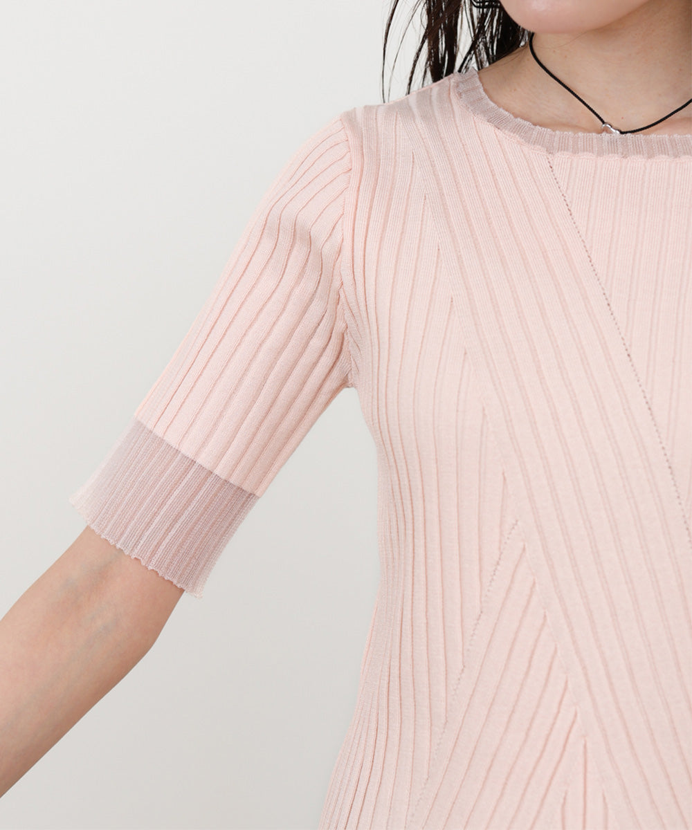 シアー使い5分袖リブニットトップス