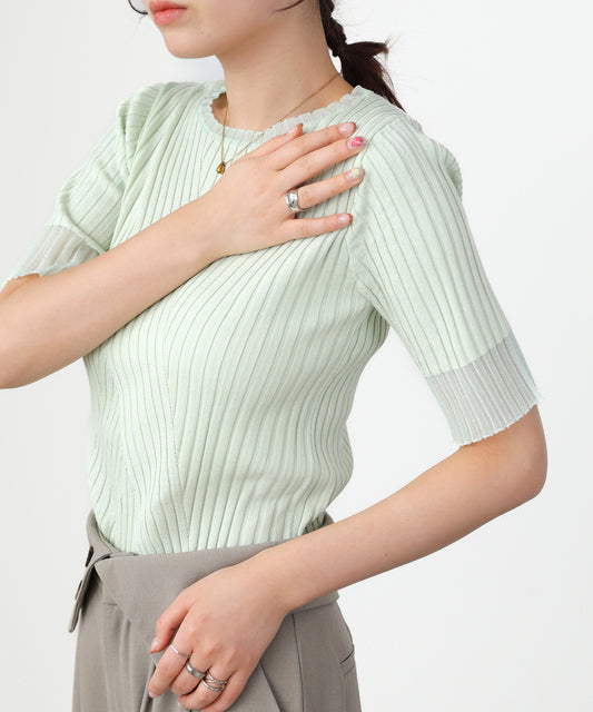 シアー使い5分袖リブニットトップス