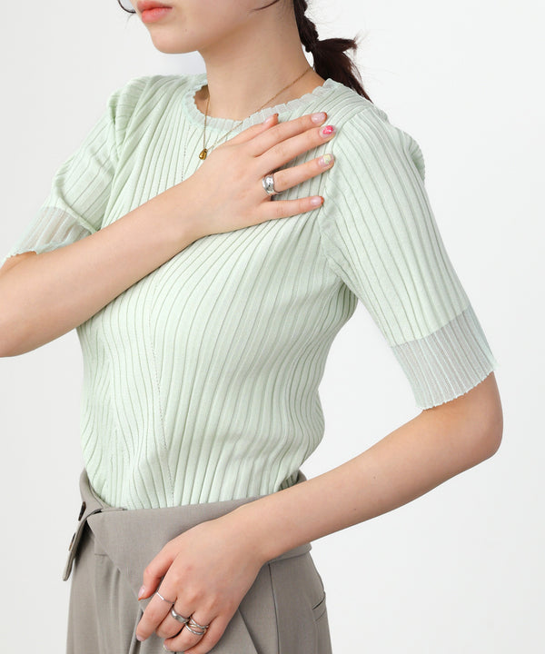 シアー使い5分袖リブニットトップス