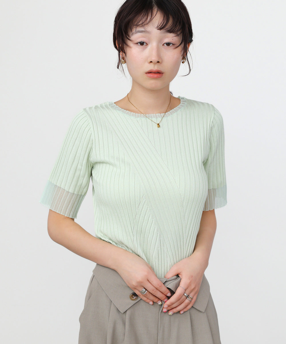 シアー使い5分袖リブニットトップス