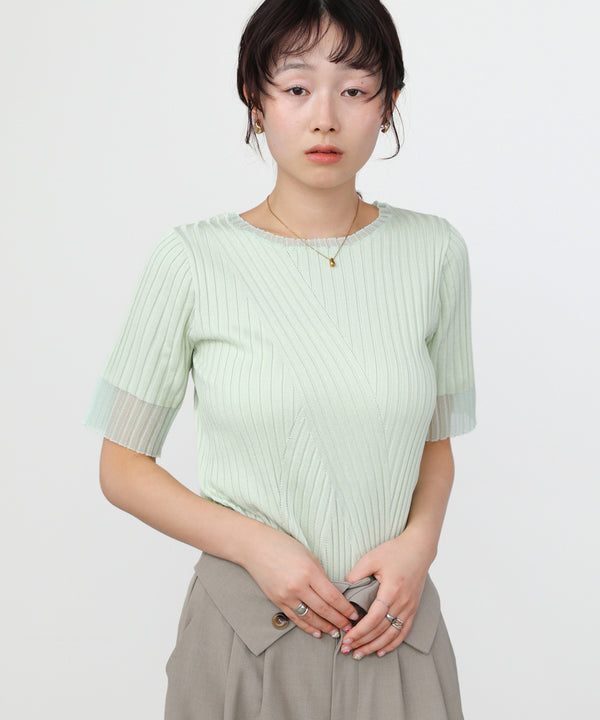 シアー使い5分袖リブニットトップス