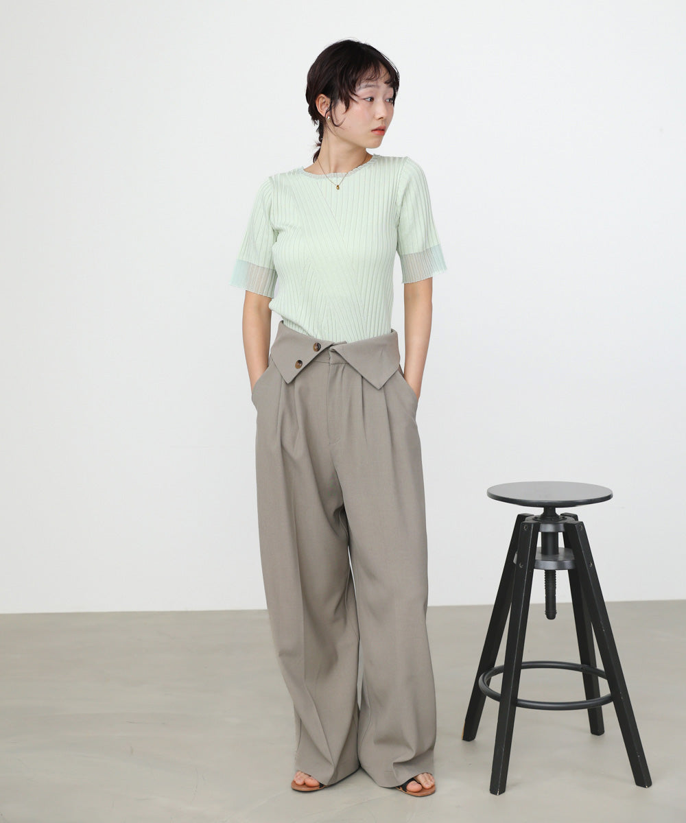 シアー使い5分袖リブニットトップス