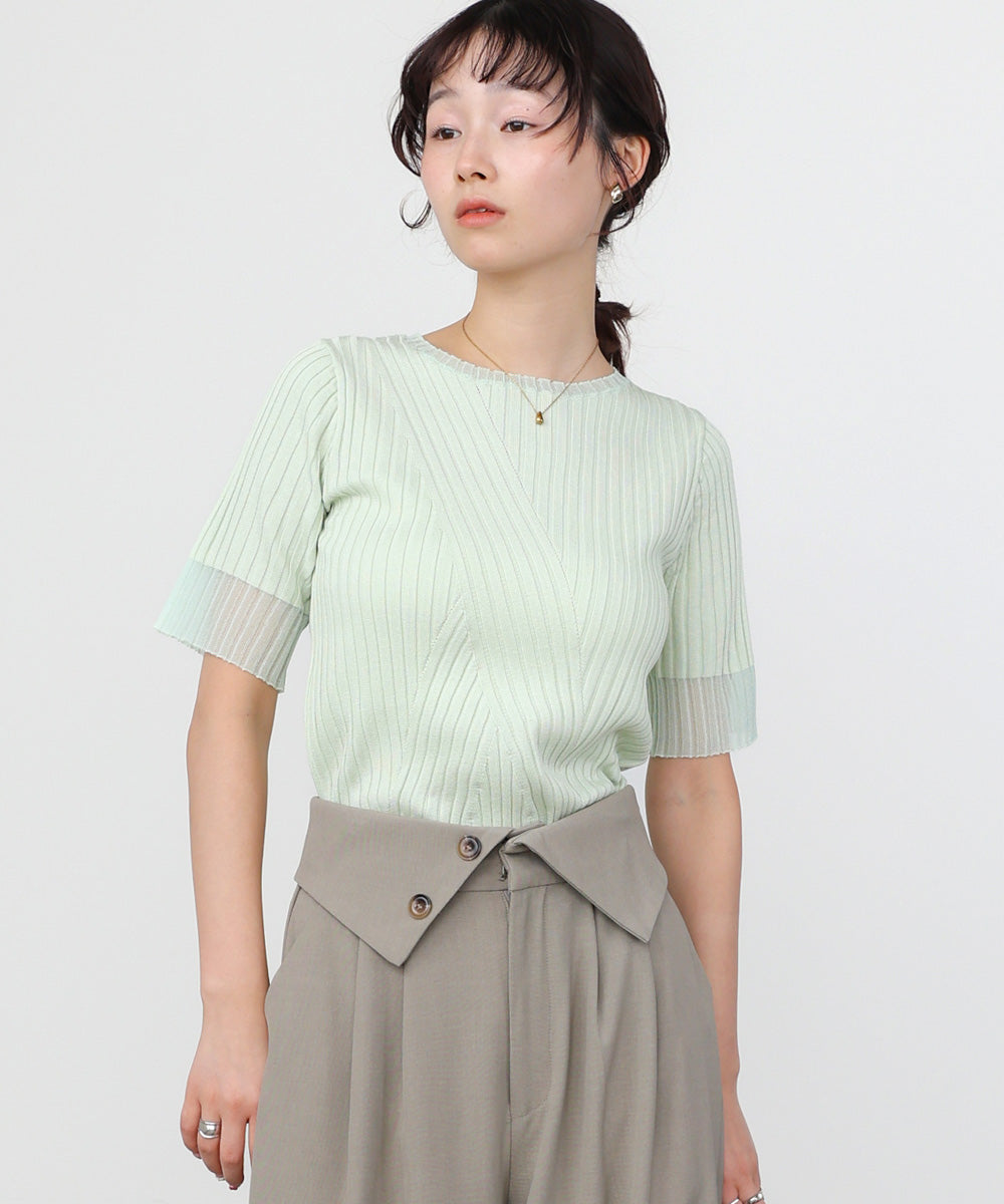 シアー使い5分袖リブニットトップス