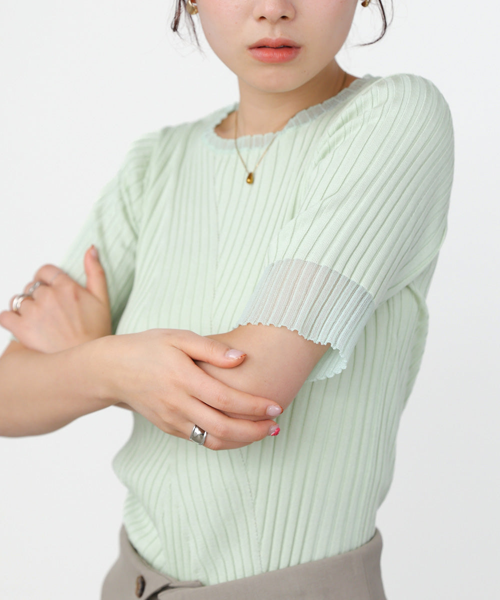 シアー使い5分袖リブニットトップス