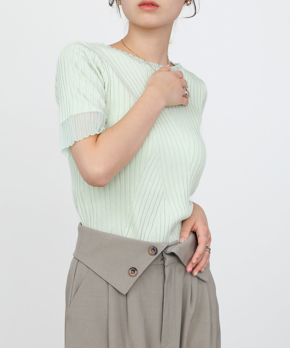 シアー使い5分袖リブニットトップス