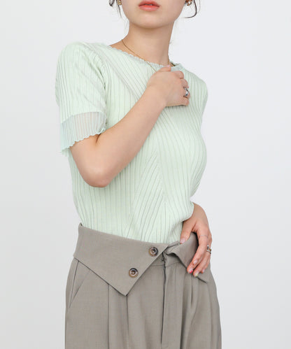 シアー使い5分袖リブニットトップス