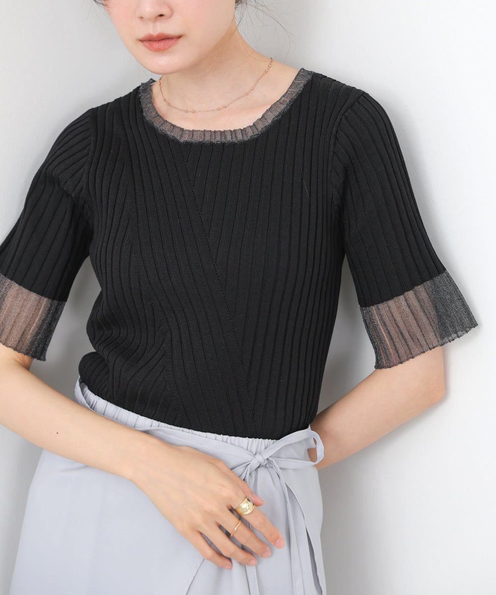 シアー使い5分袖リブニットトップス