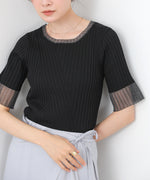 シアー使い5分袖リブニットトップス