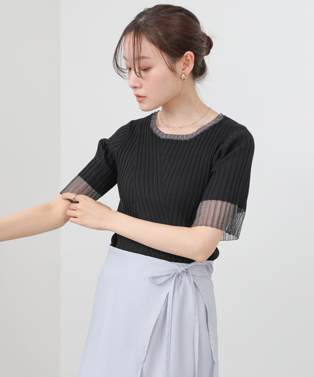 シアー使い5分袖リブニットトップス