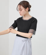 シアー使い5分袖リブニットトップス