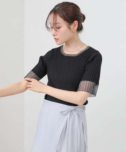 シアー使い5分袖リブニットトップス