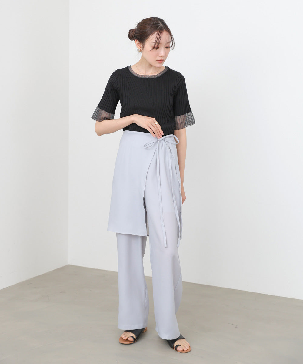 シアー使い5分袖リブニットトップス