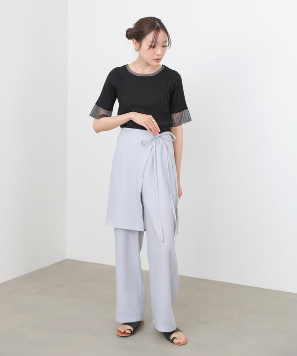 シアー使い5分袖リブニットトップス