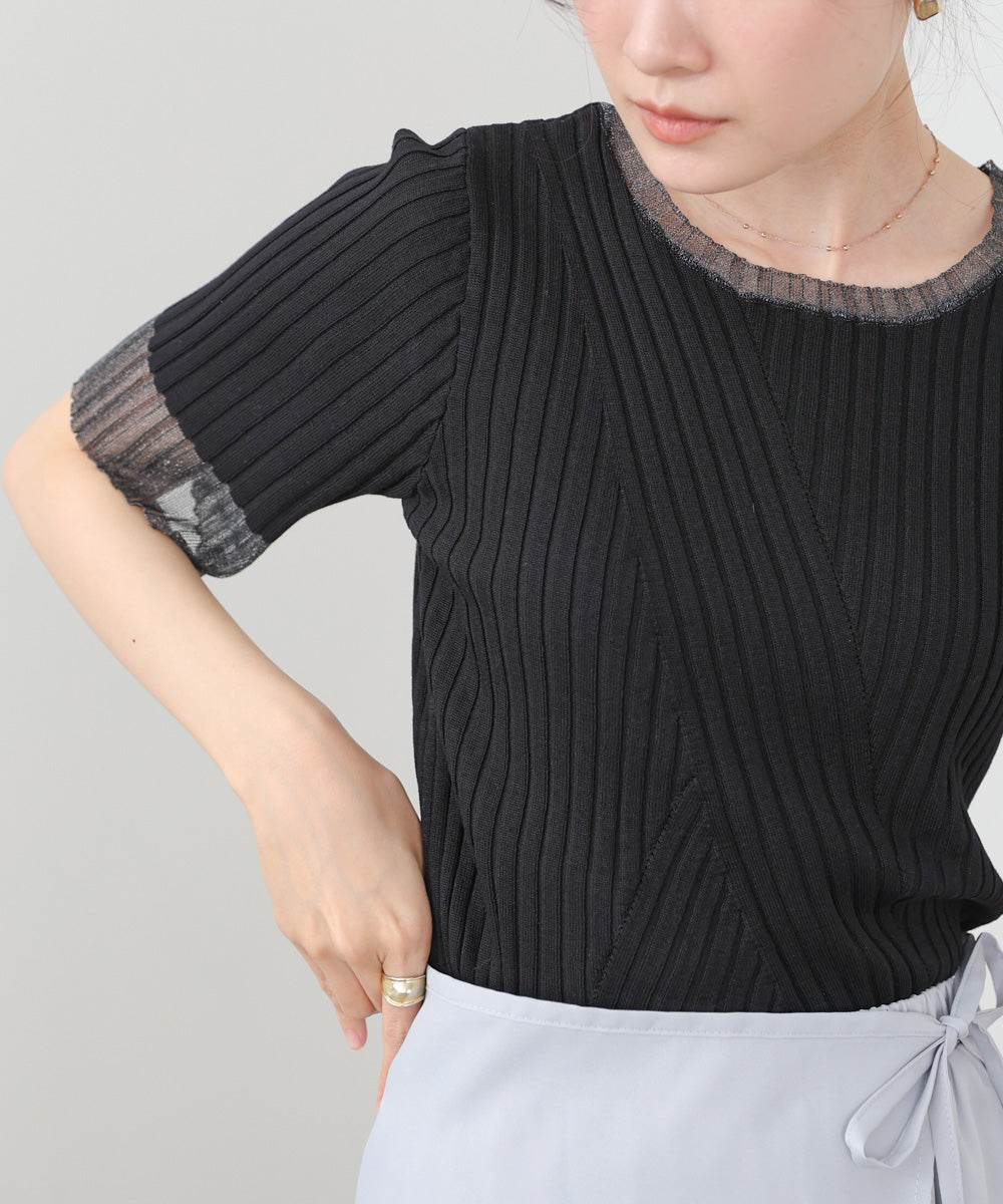 シアー使い5分袖リブニットトップス
