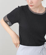 シアー使い5分袖リブニットトップス