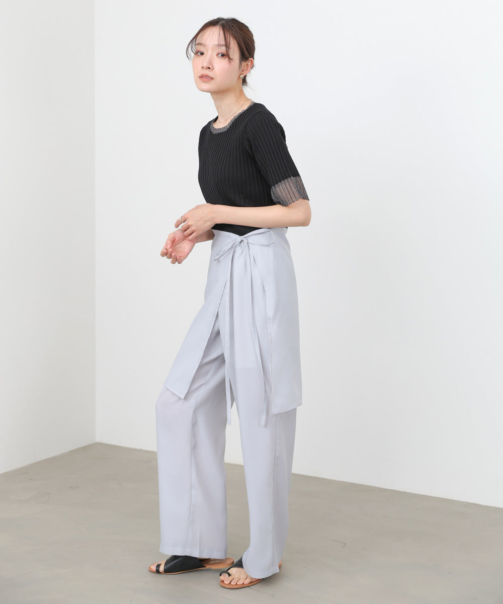 シアー使い5分袖リブニットトップス