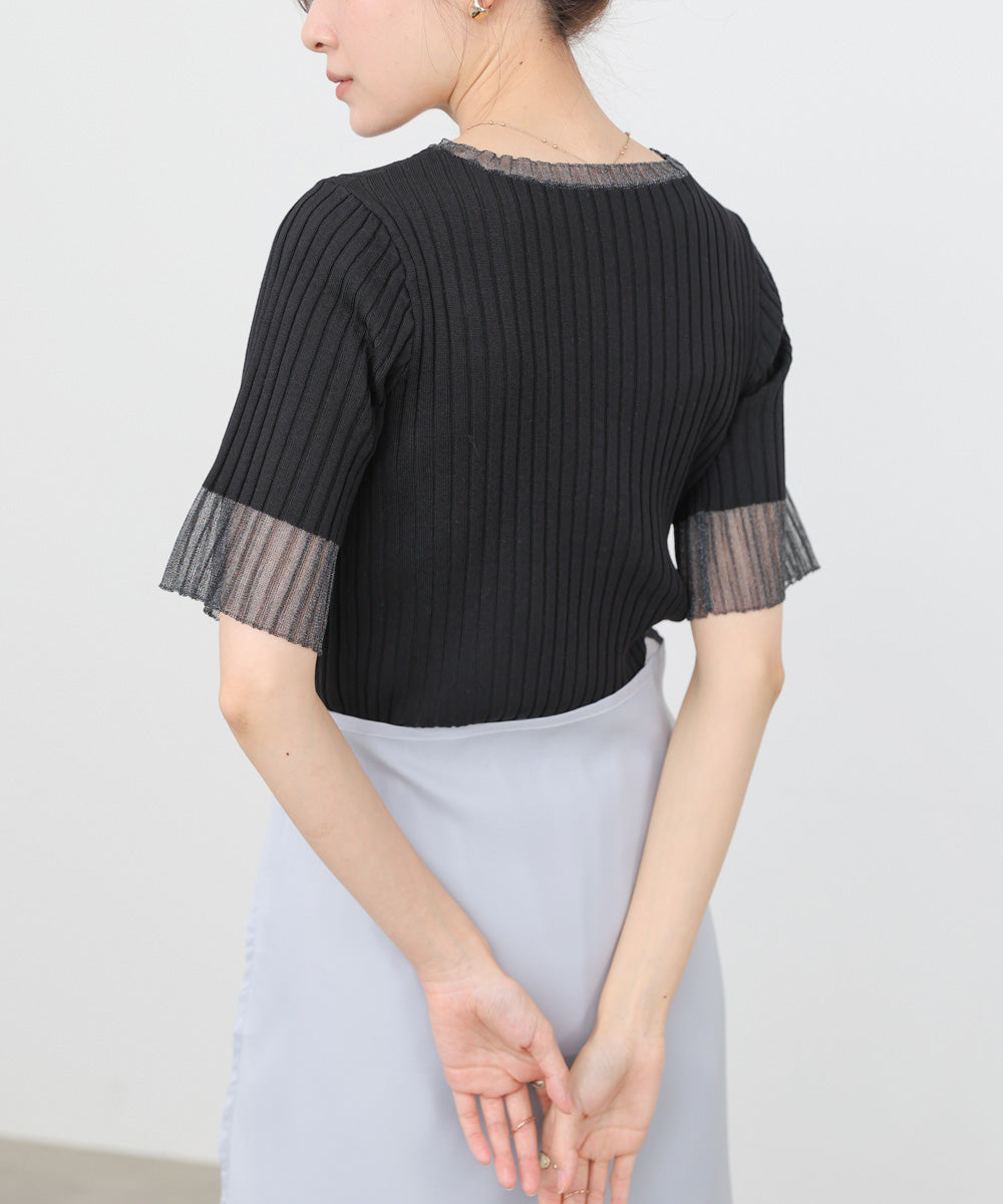 シアー使い5分袖リブニットトップス
