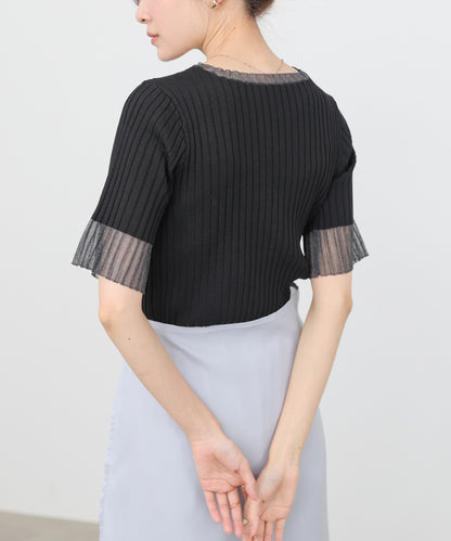 シアー使い5分袖リブニットトップス
