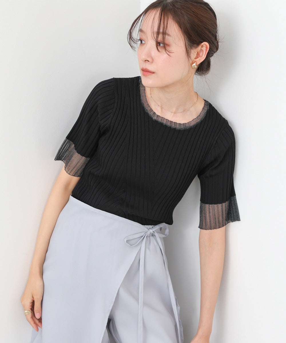シアー使い5分袖リブニットトップス