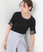 シアー使い5分袖リブニットトップス