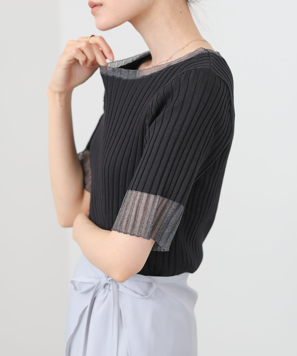 シアー使い5分袖リブニットトップス