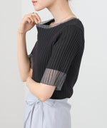 シアー使い5分袖リブニットトップス